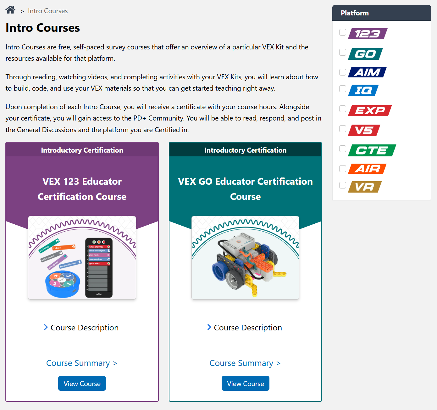 PD+ course tile examples showing options for Intro Courses, Competition Courses, and Masterclasses across multiple platforms.