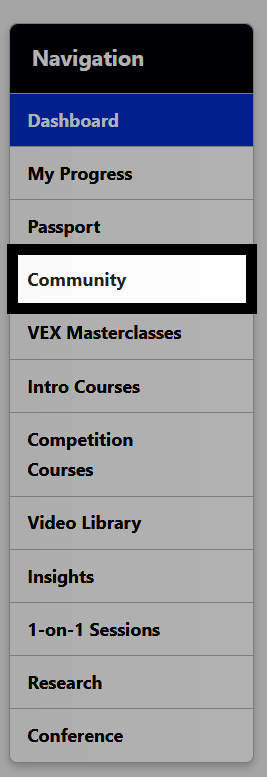 PD+ Navigation menu with the Community option highlighted.