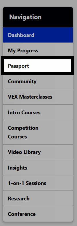 PD+ Navigation menu with the Passport option highlighted.