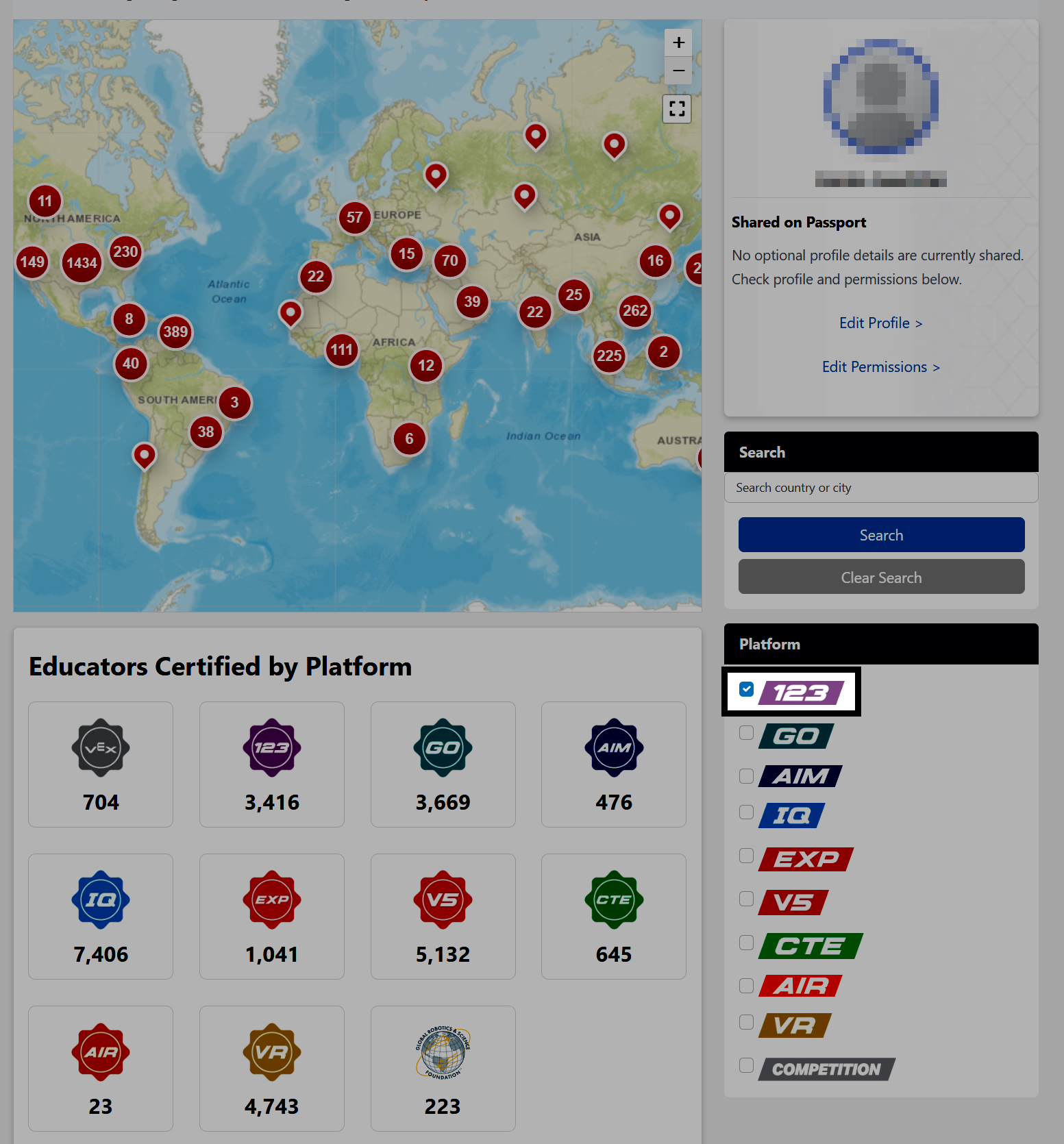 The PD+ Passport page, showing that the 123 platform has been selected in the platform filters, so only 123 is shown on the map.