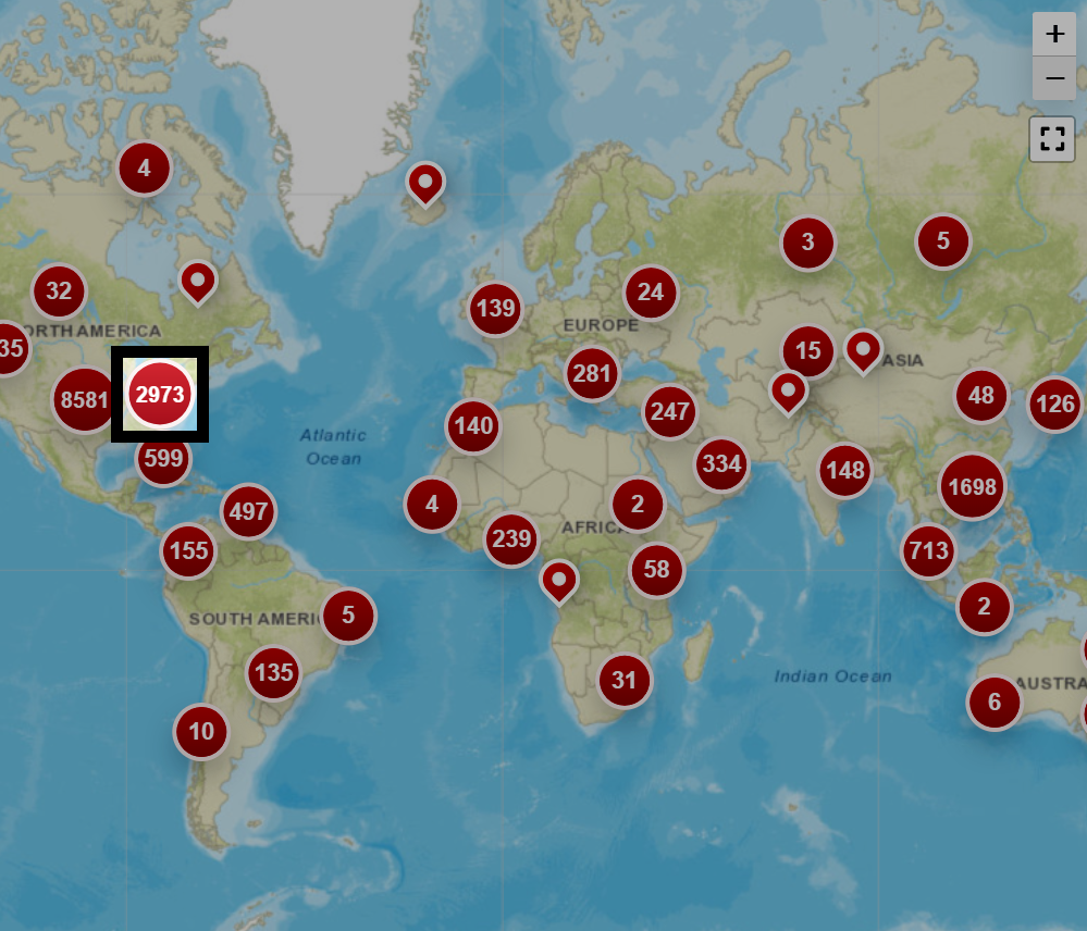 The Passport map showing numbered pins indicating groups of educators in different areas.