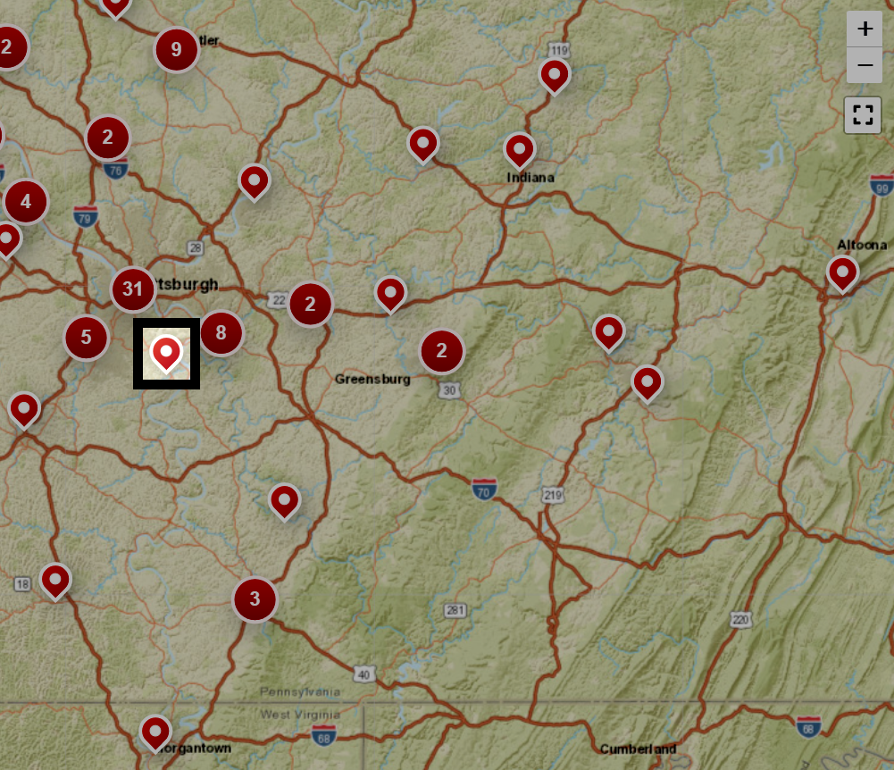 The Passport map zoomed in, showing individual pins for educators.