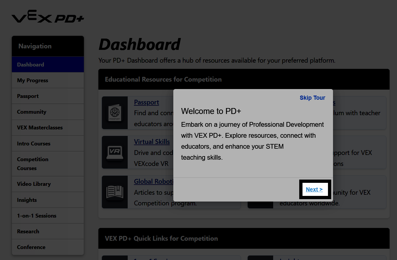 PD+ Get Started Tour, with the Next button in the bottom of the prompt window highlighted.
