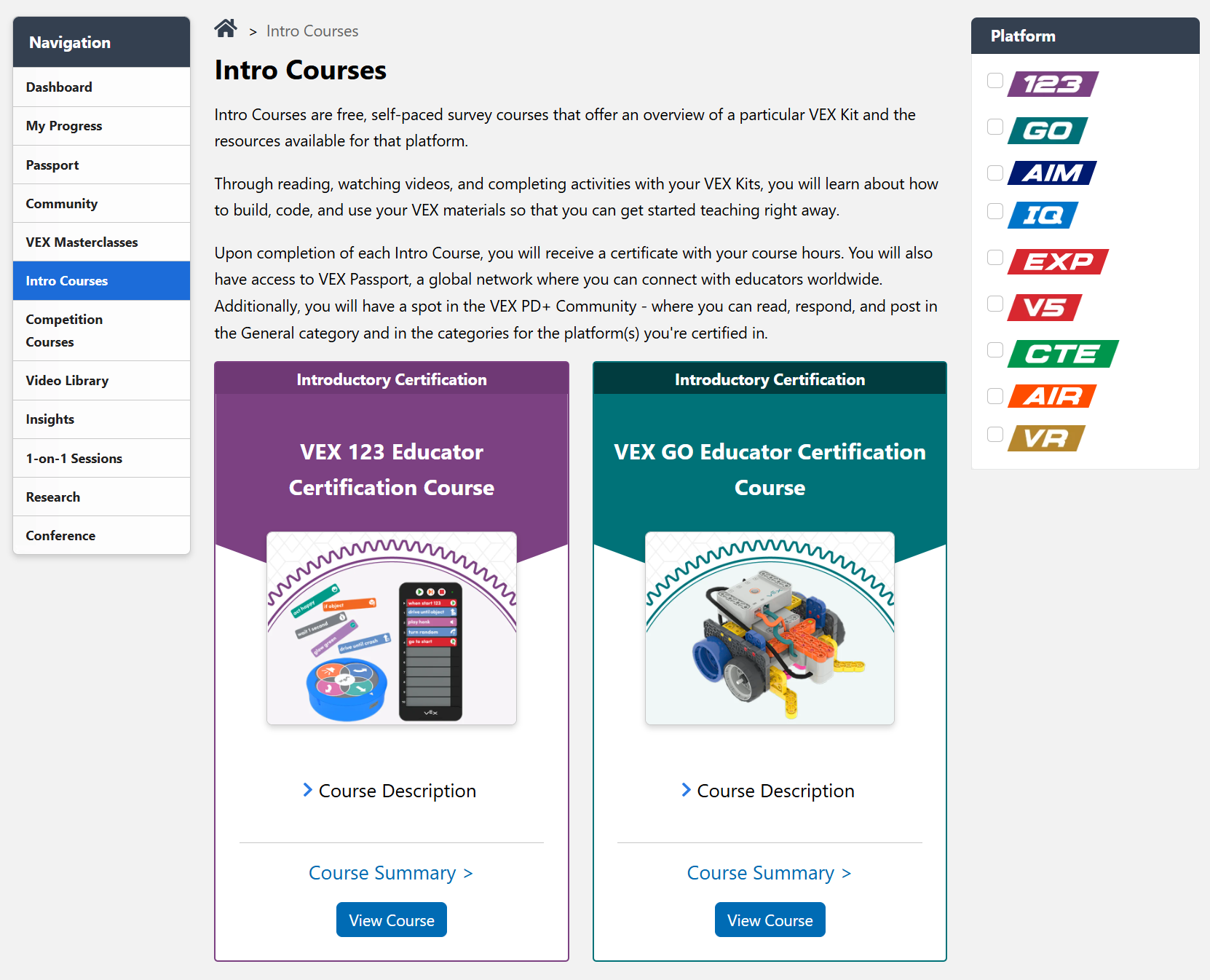 Overview of PD+ Courses, showing course tiles across multiple VEX platforms.