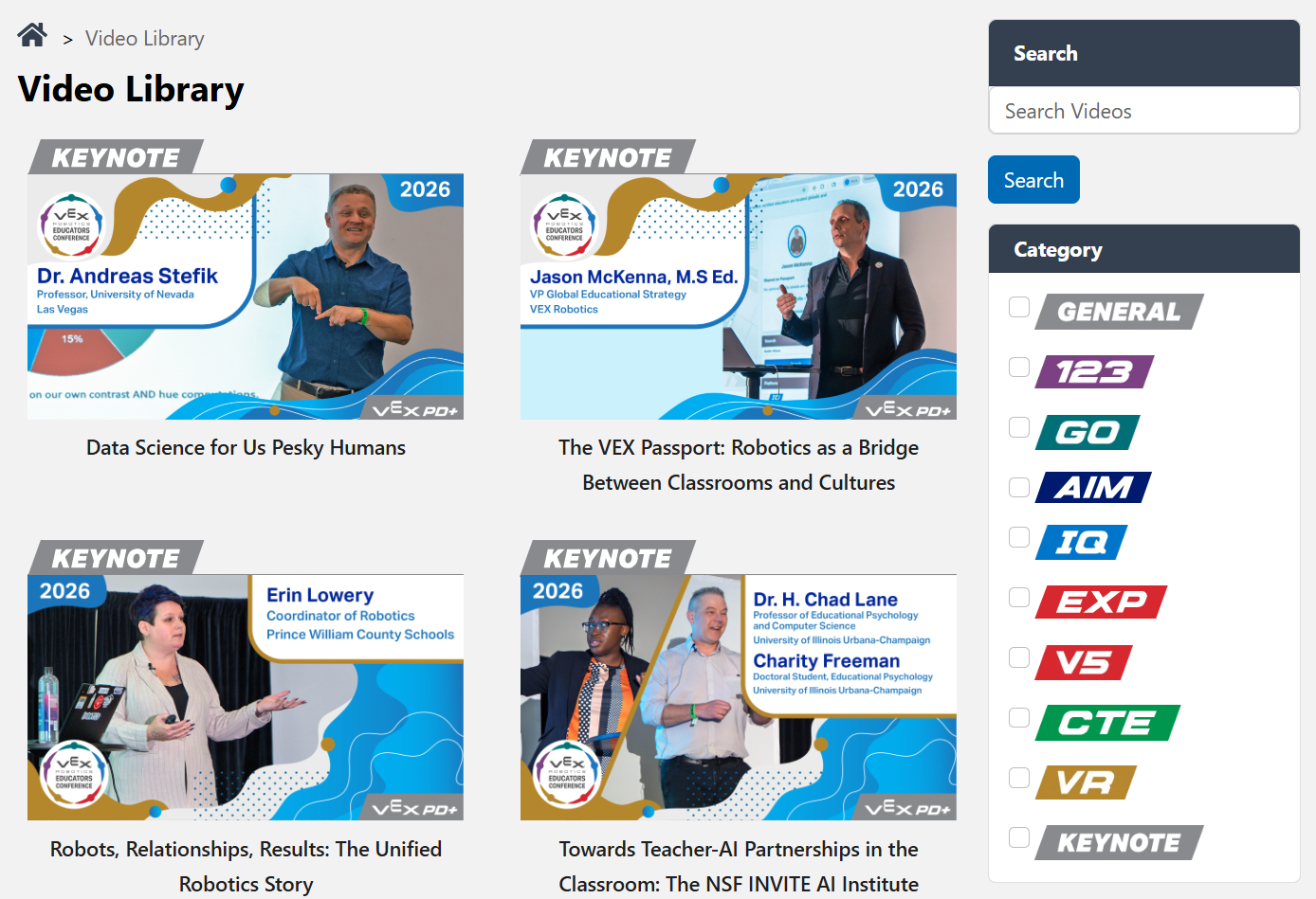 Thumbnails for videos in the VEX Video Library, with a side menu to sort videos by platform.