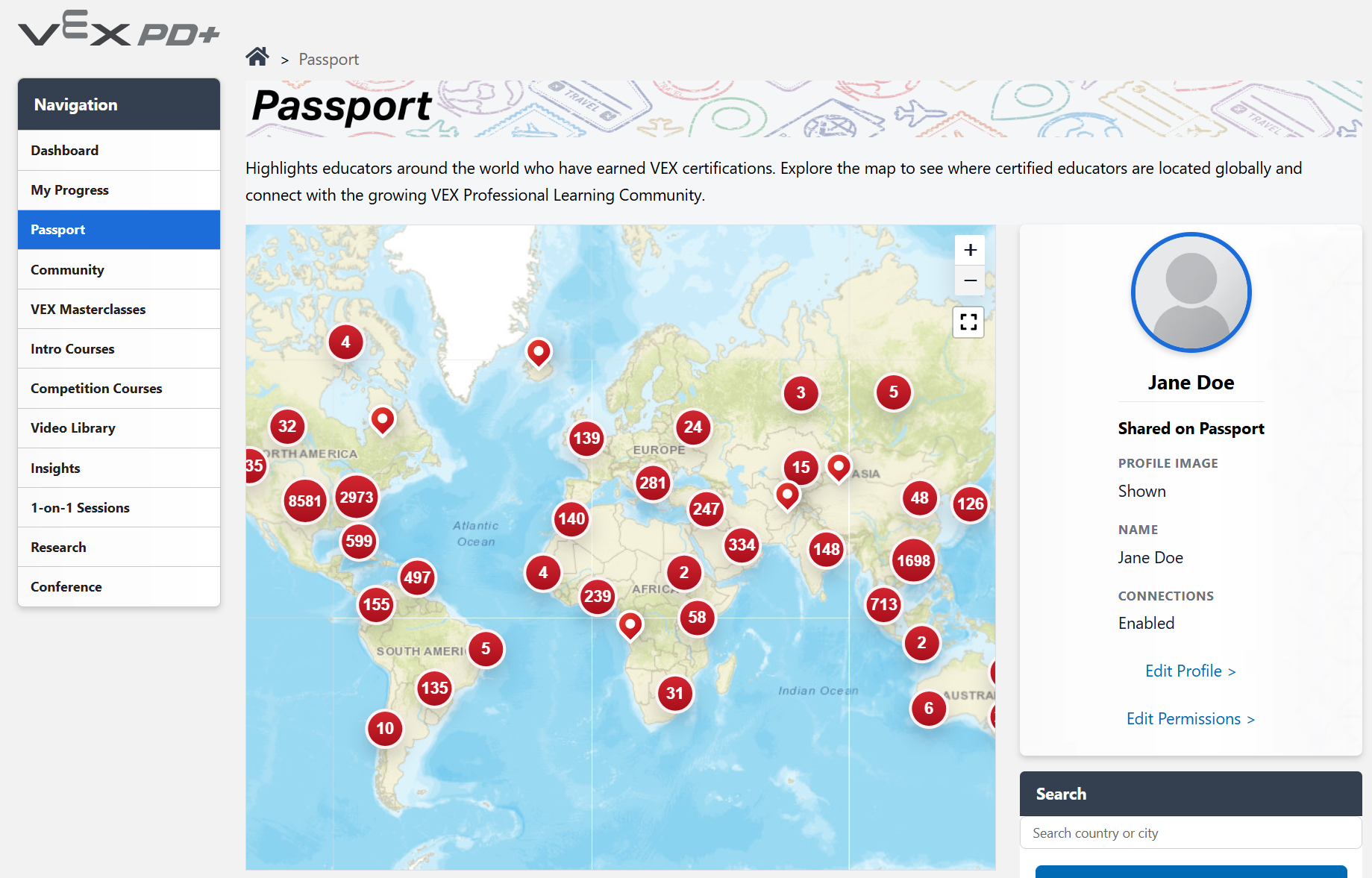 A screenshot of the VEX Passport page in PD+. On the left, the Passport option is selected in the Navigation. The Passport page features a large world map in the center with numbers in circles indicating VEX educators globally. On the right profile information is shown, with a search bar below it.