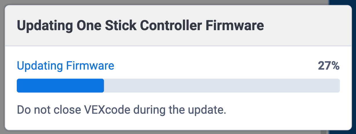 The Updating progress bar for the One Stick Controller's firmware, showing 27%.