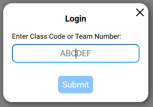 Login screen showing a field to enter class code or team number, with a Submit button.