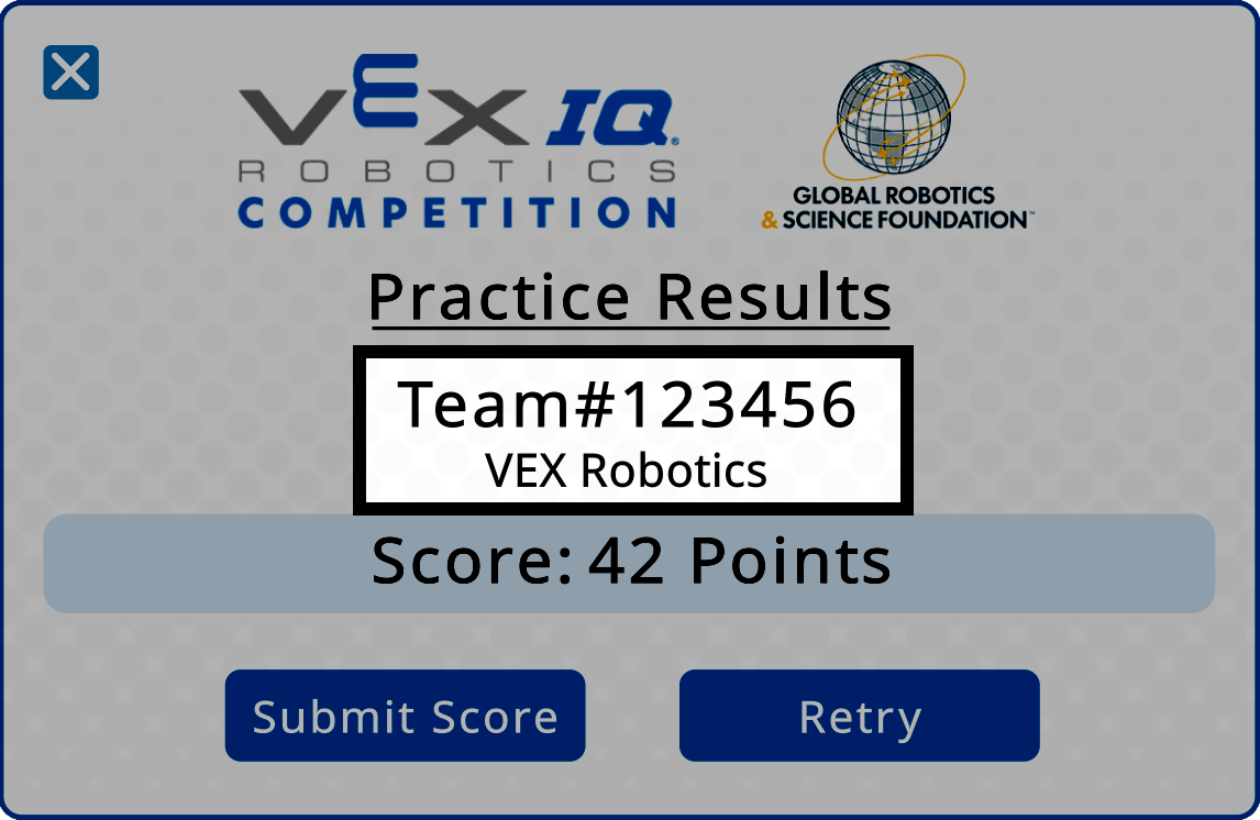 Practice Results screen showing team number and team name fields, with Submit Score and Retry buttons.
