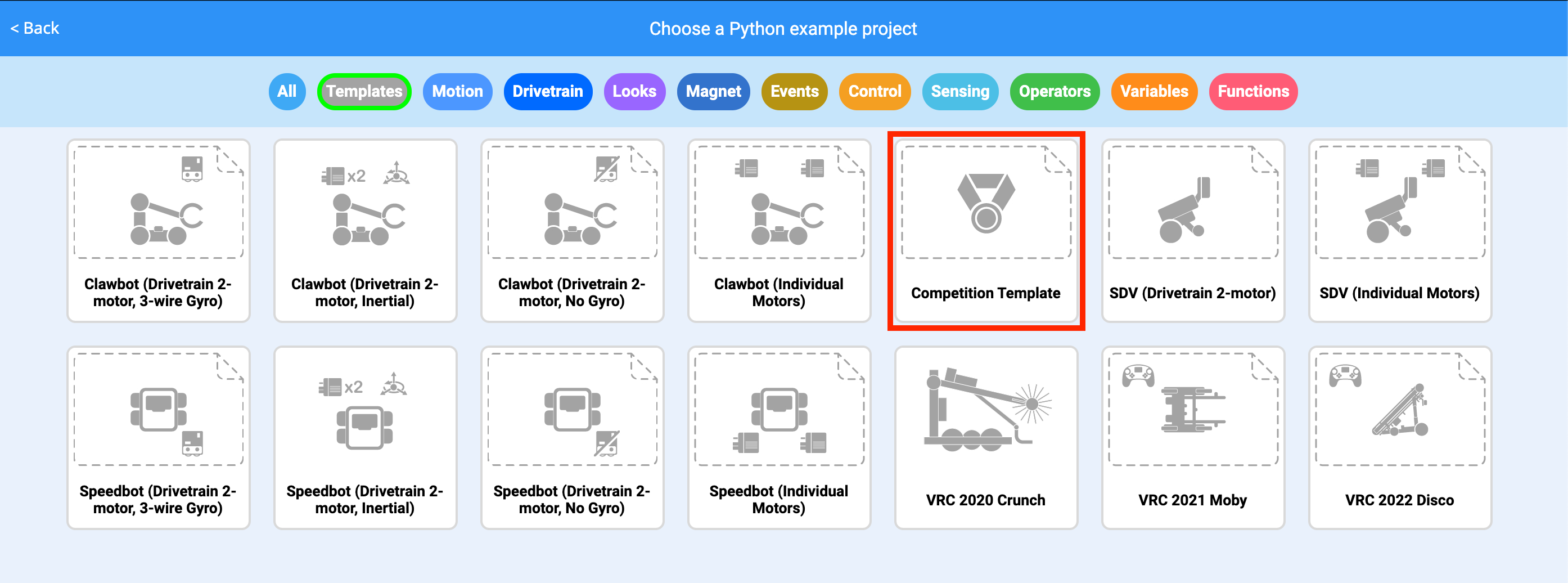 Example Projects menu in the Templates category with the Competition Template example project highlighted.