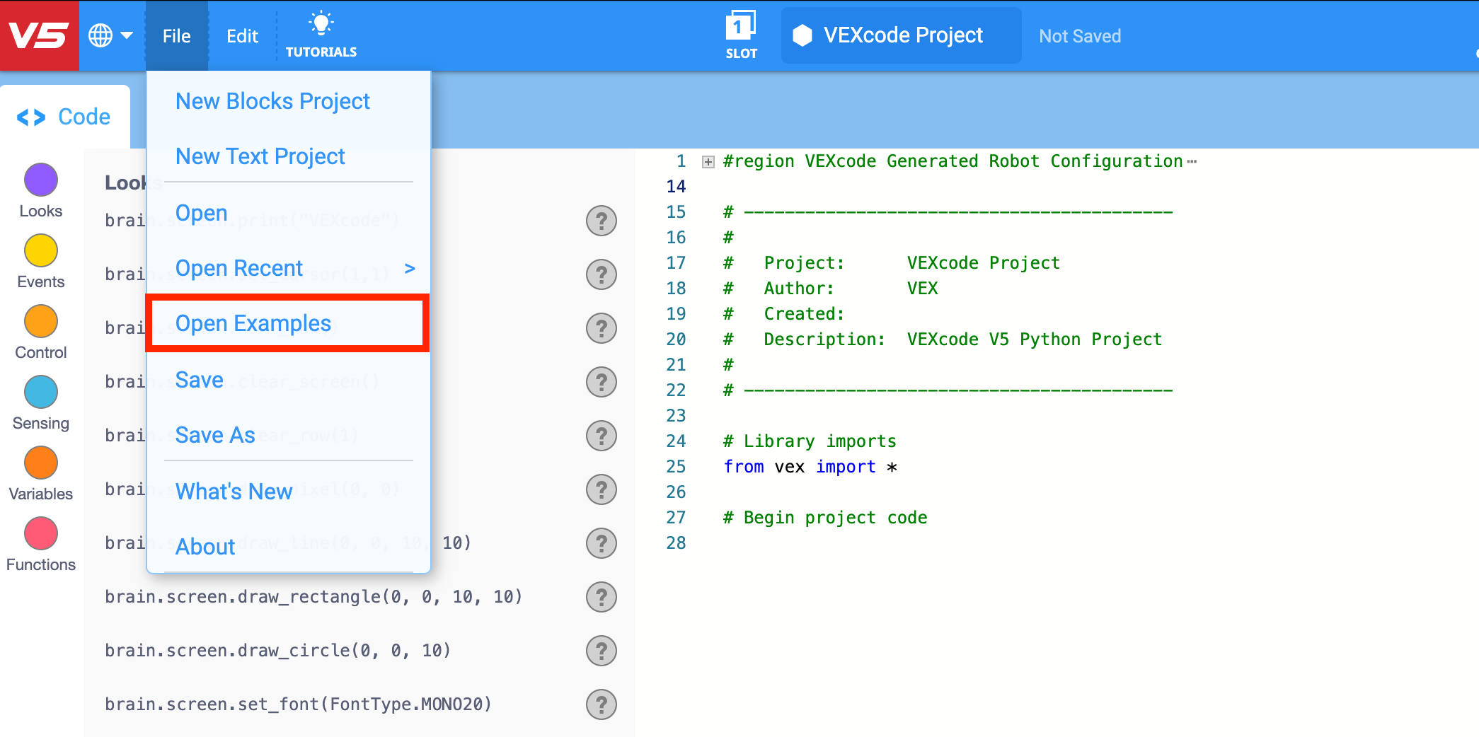 VEXcode V5 Toolbar with the File menu open and the Open Examples option highlighted. Open Examples is the fifth option in the menu, below New Blocks Project, New Text Project, Open, and Open Recent.