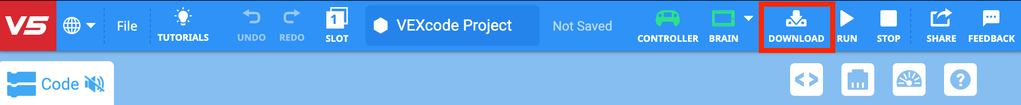 VEXcode V5 Toolbar with the Download icon highlighted in between the Brain and Run icons.