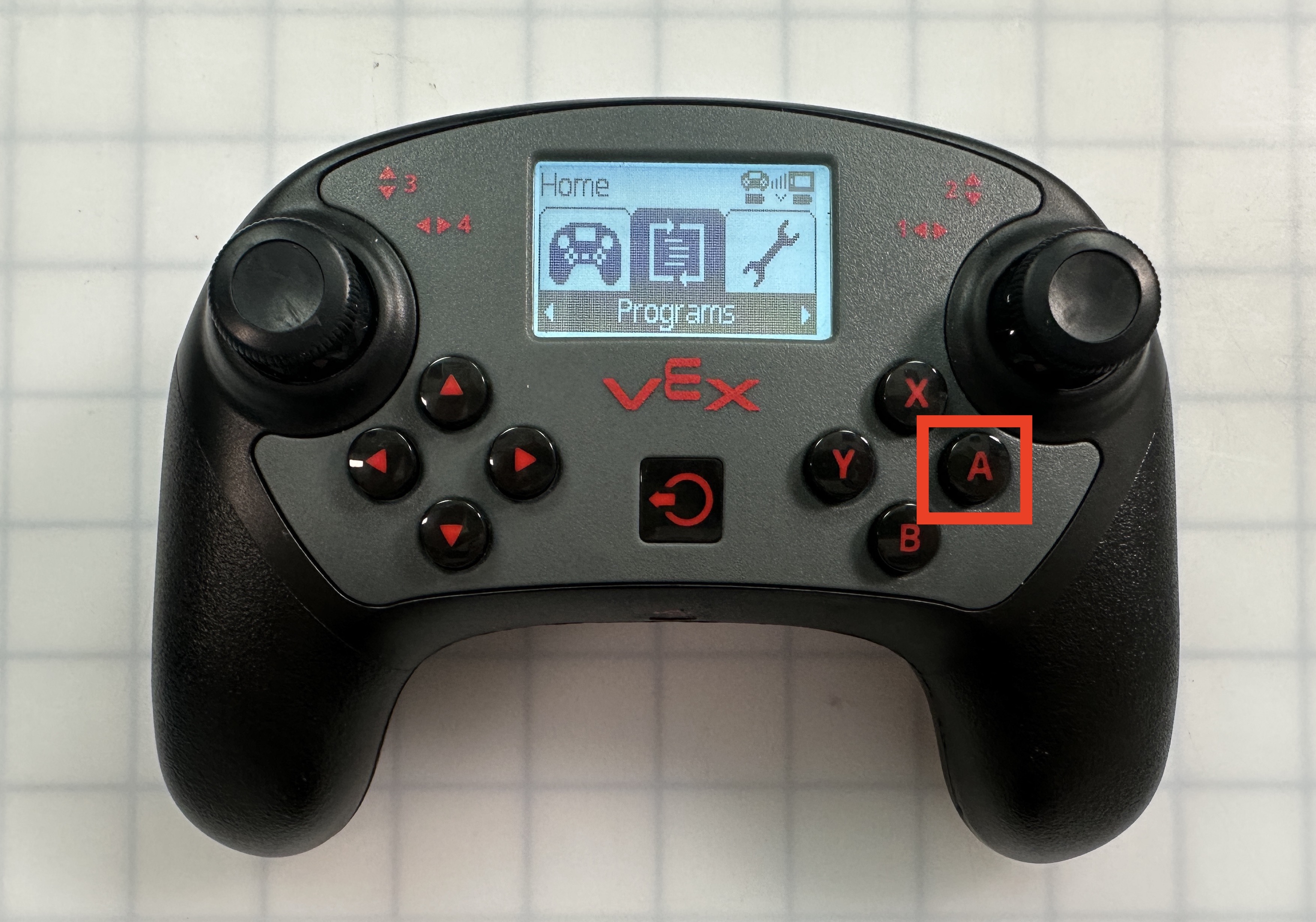 V5 Controller is shown with the Home menu open and the Programs option selected. The A button is highlighted.