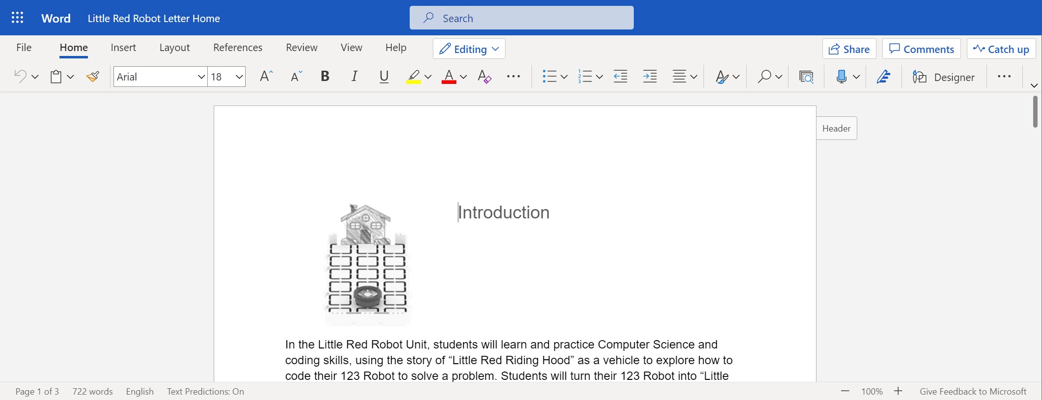 Στιγμιότυπο οθόνης του Little Red Robot Letter Home που λήφθηκε ως αρχείο .docx και άνοιξε στο Microsoft Word, δείχνοντας ότι μπορούν να ληφθούν και να επεξεργαστούν και άλλοι πόροι.