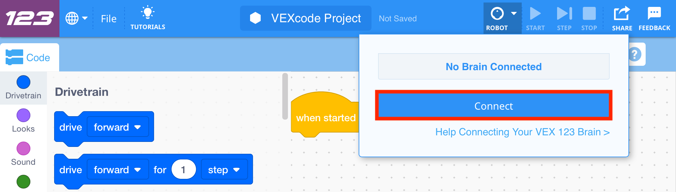 Στιγμιότυπο οθόνης του VEXcode 123, με το κουμπί Robot στη γραμμή εργαλείων να είναι πατημένο για να ανοίξει το αναπτυσσόμενο μενού του. Το κουμπί Ρομπότ βρίσκεται στα αριστερά του κουμπιού Έναρξη και το αναπτυσσόμενο μενού του έχει ένα επισημασμένο κουμπί που γράφει Σύνδεση.