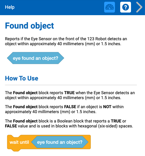 VEXcode 123 Μενού βοήθειας που περιέχει πληροφορίες σχετικά με εντολές και μπλοκ.