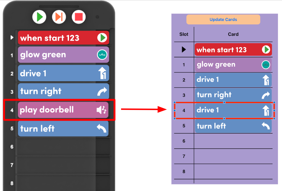Δίπλα-δίπλα στο μενού Coder και το μενού VEX Classroom App Coder. Μια κατεστραμμένη κάρτα Coder επισημαίνεται και διαβάζεται ως διαφορετική κάρτα στην εφαρμογή Classroom.
