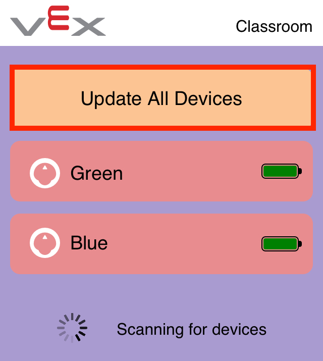 Στιγμιότυπο οθόνης της εφαρμογής VEX Classroom με δύο μη ενημερωμένα ρομπότ 123 στη λίστα και το κουμπί «Ενημέρωση όλων των συσκευών» στο επάνω μέρος επισημασμένο.