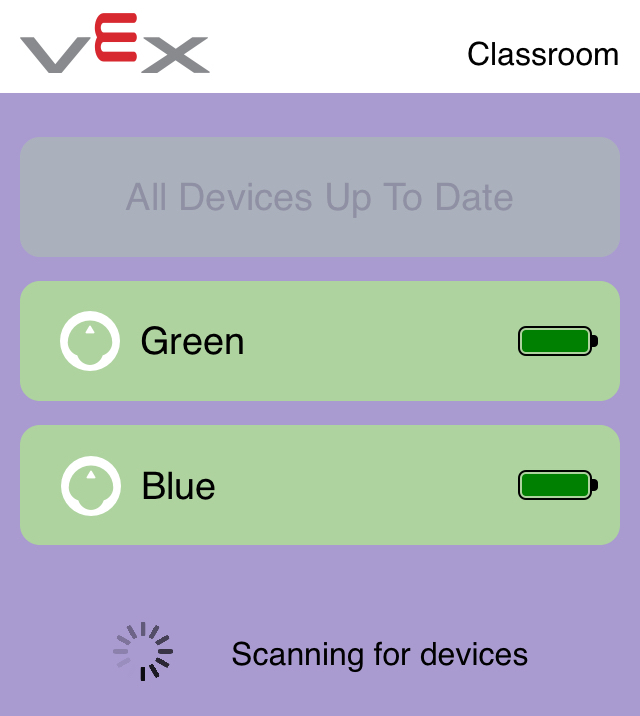 Στιγμιότυπο οθόνης της εφαρμογής VEX Classroom με δύο ενημερωμένα ρομπότ 123 στη λίστα και το κουμπί Ενημέρωση στο επάνω μέρος που αναφέρει «Όλες οι συσκευές ενημερωμένες».