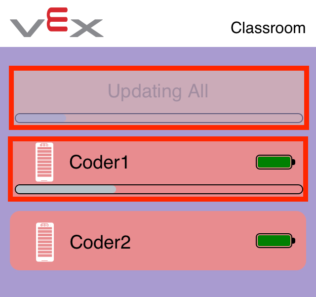Στιγμιότυπο οθόνης της εφαρμογής VEX Classroom με δύο μη ενημερωμένους κωδικοποιητές και το κουμπί «Ενημέρωση όλων» στο επάνω μέρος γκριζαρισμένο. Ένας κωδικοποιητής έχει μια γραμμή προόδου που υποδεικνύει ότι ενημερώνεται αυτήν τη στιγμή.