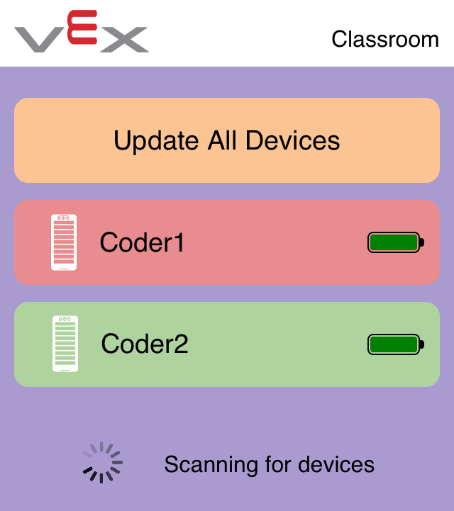 Στιγμιότυπο οθόνης της εφαρμογής VEX Classroom, με δύο συνδεδεμένους προγραμματιστές να εμφανίζονται σε μια λίστα. Ο ένας Κωδικοποιητής εμφανίζεται με πράσινο χρώμα που σημαίνει ότι είναι ενημερωμένος, και ο άλλος εμφανίζεται με κόκκινο που σημαίνει ότι χρειάζεται ενημέρωση.