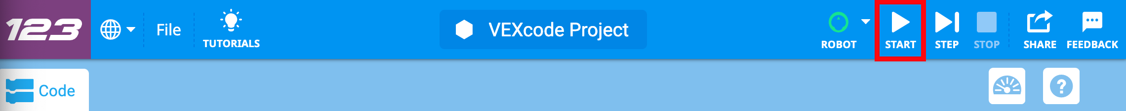 Γραμμή εργαλείων VEXcode 123 με το εικονίδιο Έναρξη επισημασμένο ανάμεσα στα εικονίδια Ρομπότ και Βήμα.