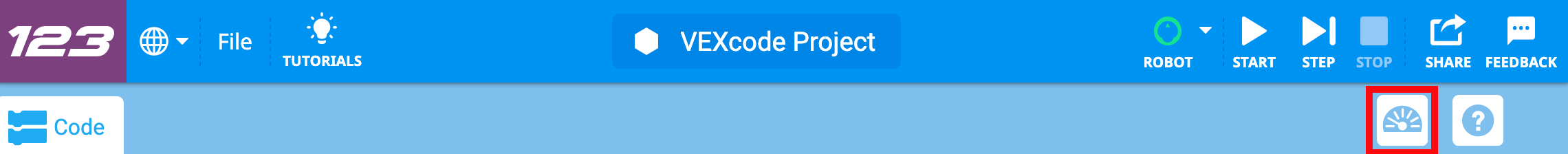 Γραμμή εργαλείων VEXcode 123 με το εικονίδιο Παρακολούθησης επισημασμένο στα αριστερά του εικονιδίου Βοήθειας.