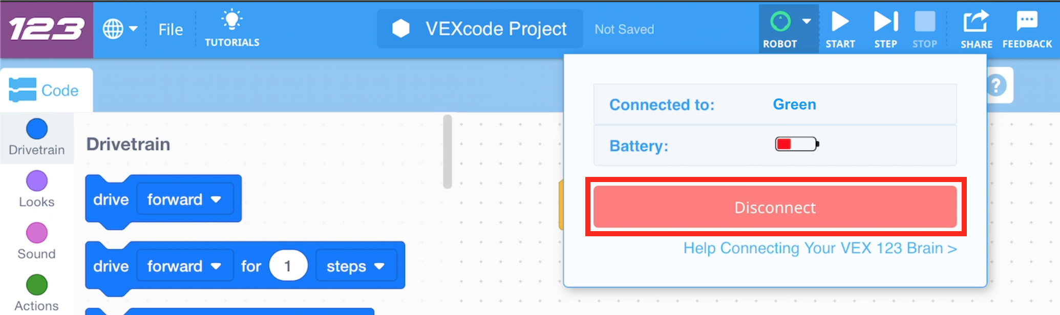 VEXcode 123 με ένα συνδεδεμένο ρομπότ και το αναπτυσσόμενο μενού Ρομπότ άνοιξε. Το κουμπί Αποσύνδεση είναι επισημασμένο.
