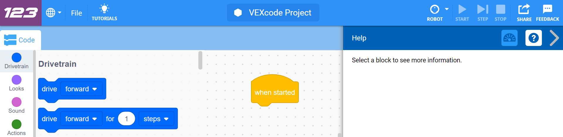 VEXcode 123 με ανοιχτό το μενού Βοήθεια και χωρίς επιλεγμένο μπλοκ. Το μενού Βοήθειας έχει ένα μήνυμα που αναφέρει «Επιλέξτε ένα μπλοκ για να δείτε περισσότερες πληροφορίες».