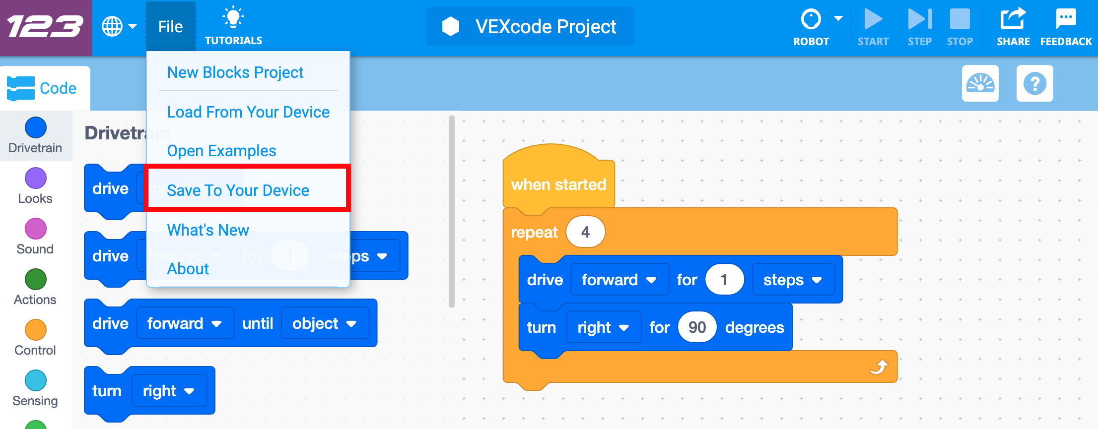 Γραμμή εργαλείων VEXcode 123 με ανοιχτό το μενού Αρχείο και επισημασμένη την επιλογή Αποθήκευση στη συσκευή σας. Η επιλογή "Αποθήκευση στη συσκευή σας" είναι το τέταρτο στοιχείο μενού κάτω από τις επιλογές "Νέο έργο μπλοκ", "Φόρτωση από τη συσκευή σας" και "Άνοιγμα παραδειγμάτων".