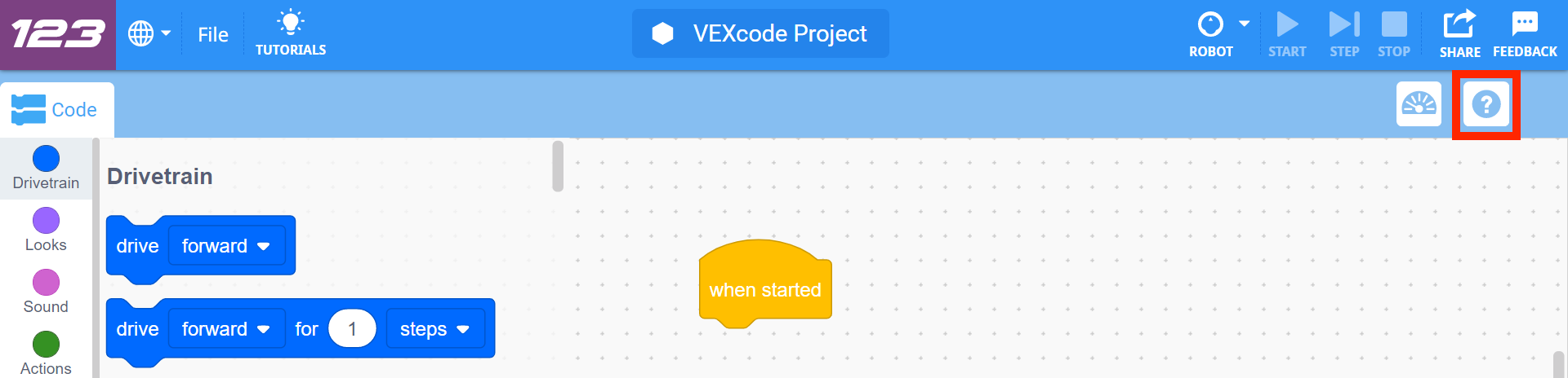 Γραμμή εργαλείων VEXcode 123 με το εικονίδιο Βοήθειας επισημασμένο στα δεξιά του εικονιδίου της Κονσόλας Οθόνης.