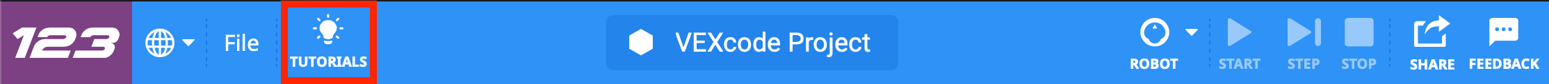 Γραμμή εργαλείων VEXcode 123 με το εικονίδιο Εκπαιδευτικά σεμινάρια επισημασμένο στα δεξιά του εικονιδίου μενού Αρχείο.