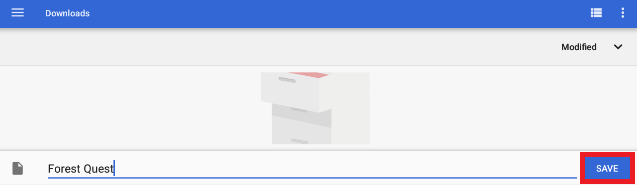 Το μενού "Αποθήκευση έργου" σε μια συσκευή Android με το όνομα του έργου να έχει αλλάξει σε Forest Quest και το κουμπί "Αποθήκευση" κάτω δεξιά να είναι επισημασμένο.