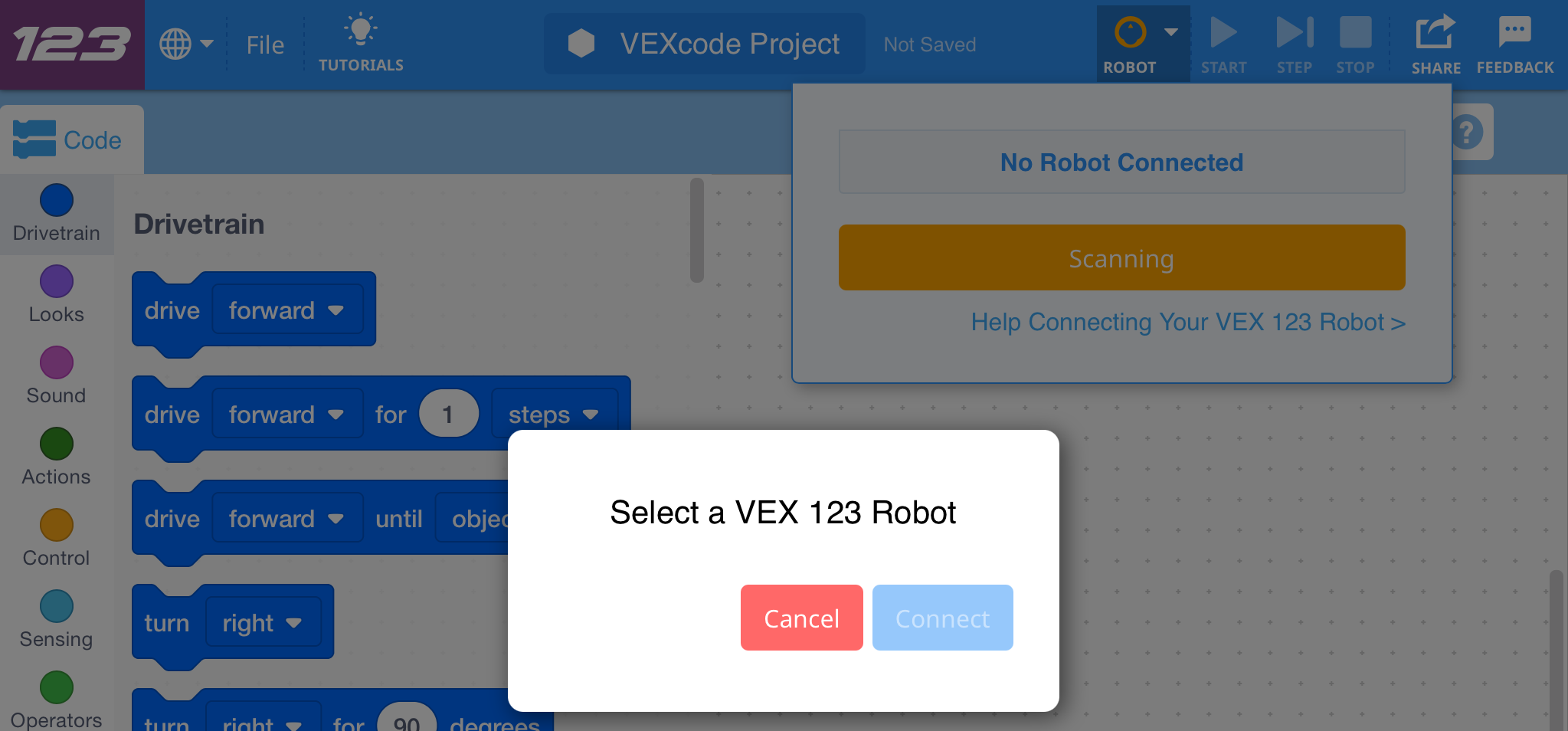 Η προτροπή VEXcode 123 που αναφέρει Επιλογή ενός ρομπότ VEX 123 και δύο κουμπιά που αναφέρουν Άκυρο και Σύνδεση. Το κουμπί Σύνδεση είναι γκριζαρισμένο.