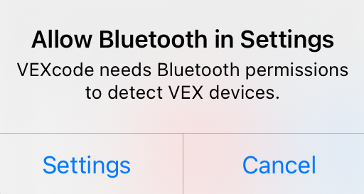 Ερώτηση για δικαιώματα Bluetooth, που αναφέρει "Να επιτρέπεται το Bluetooth" στις ρυθμίσεις. Ο VEXcode χρειάζεται δικαιώματα Bluetooth για την ανίχνευση συσκευών VEX. Η προτροπή έχει ένα κουμπί Ρυθμίσεις και ένα κουμπί Ακύρωση από κάτω.