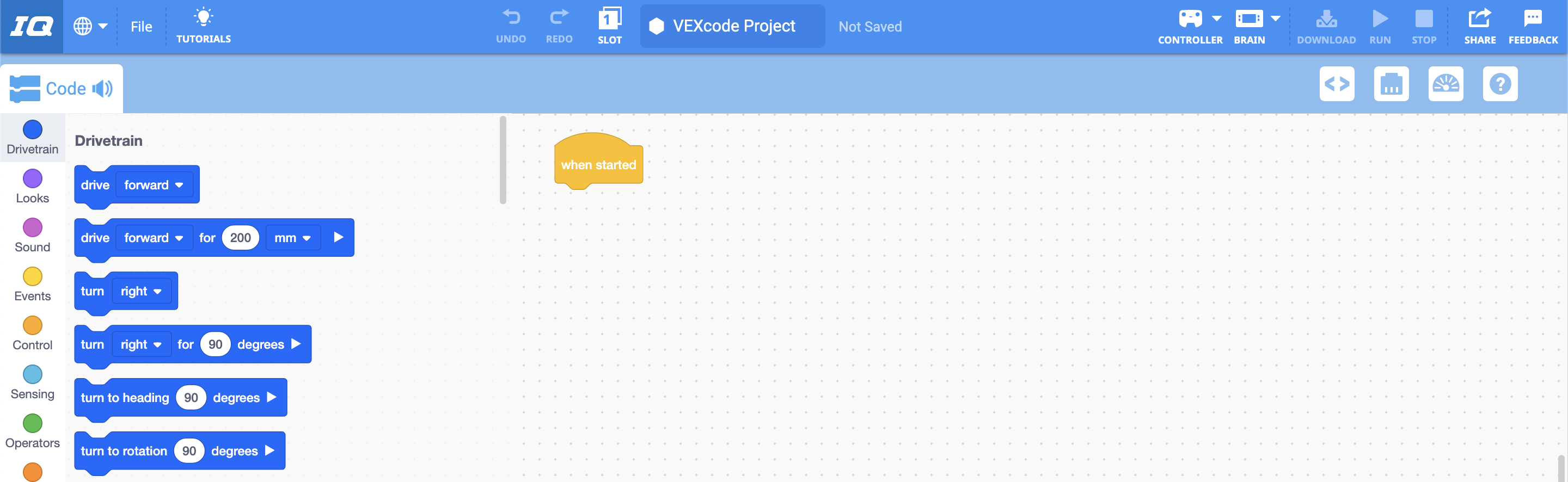 Διεπαφή VEXcode με το προεπιλεγμένο πρόγραμμα Blocks και την εργαλειοθήκη blocks που εμφανίζεται στα αριστερά.