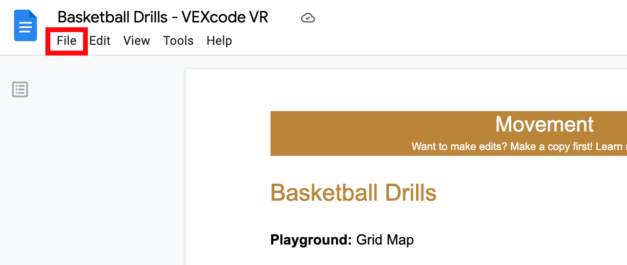 Το επάνω μέρος μιας δραστηριότητας VR VEXcode σε ένα έγγραφο Google με επισημασμένο το μενού "Αρχείο".