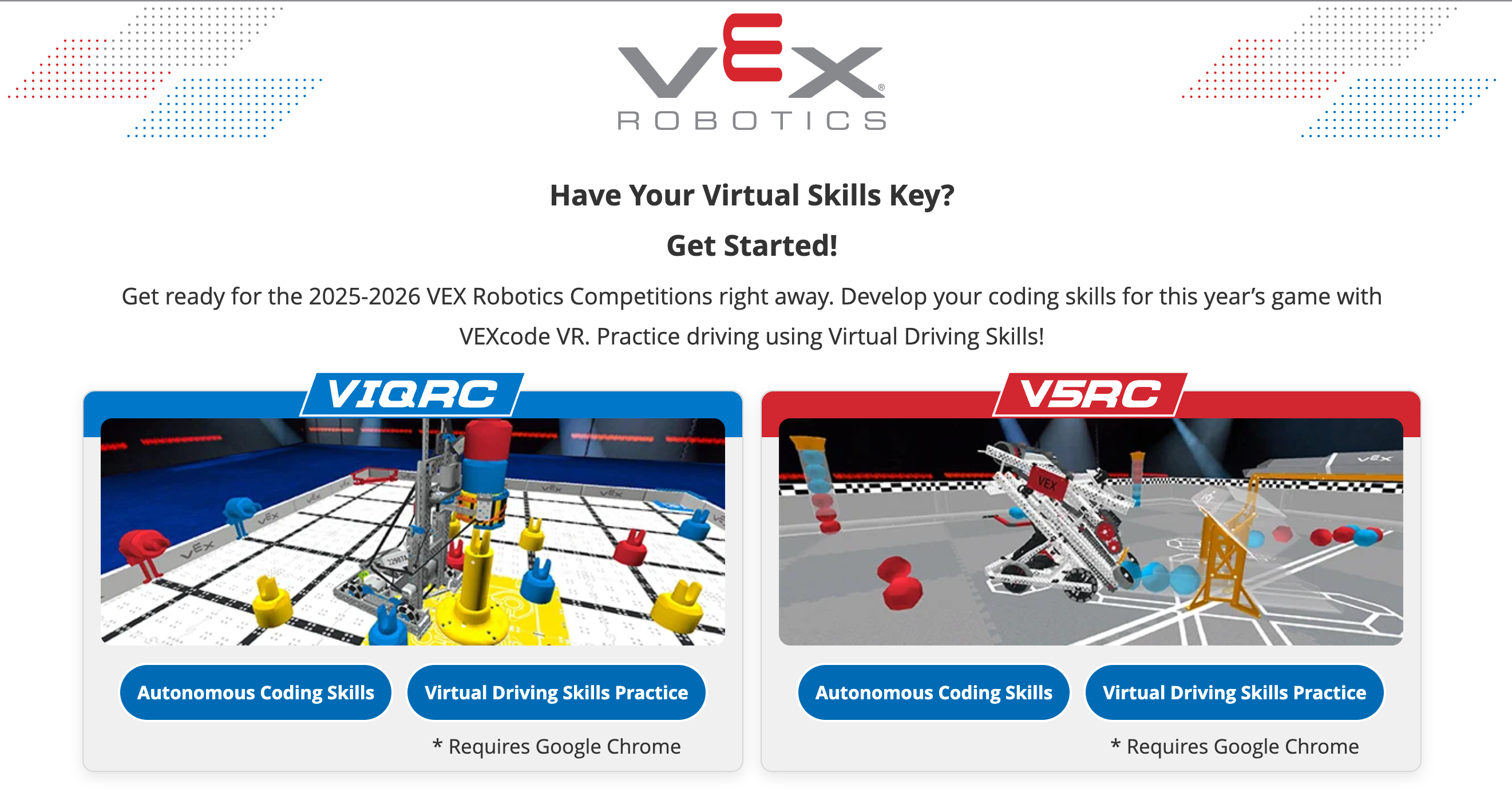 Εικονική σελίδα δεξιοτήτων του VEX στο vrskills.vex.com 