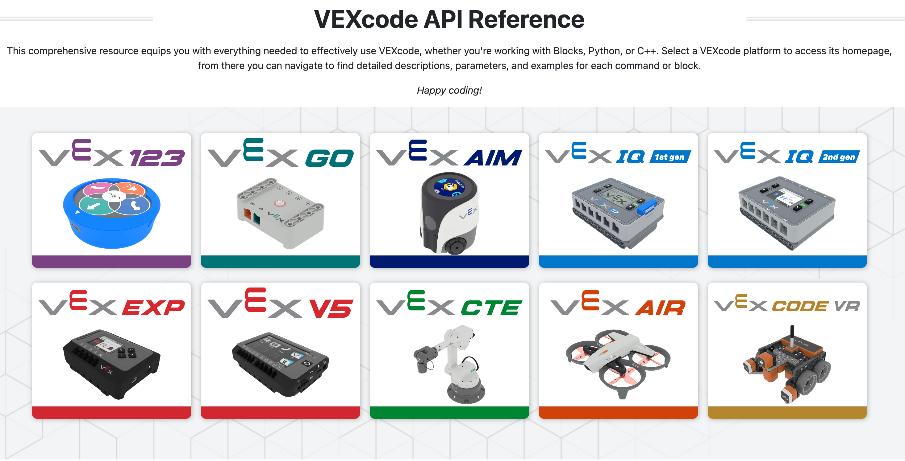 Αναφορά API VEXcode με 123, GO, AIM, IQ, EXP, V5, CTE, AIR και VR