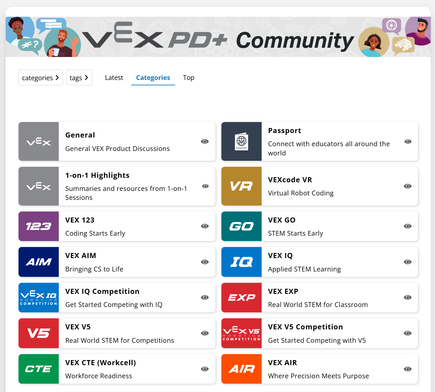 Επισκόπηση της κοινότητας VEX PD+ με ενότητες για κάθε πλατφόρμα VEX.