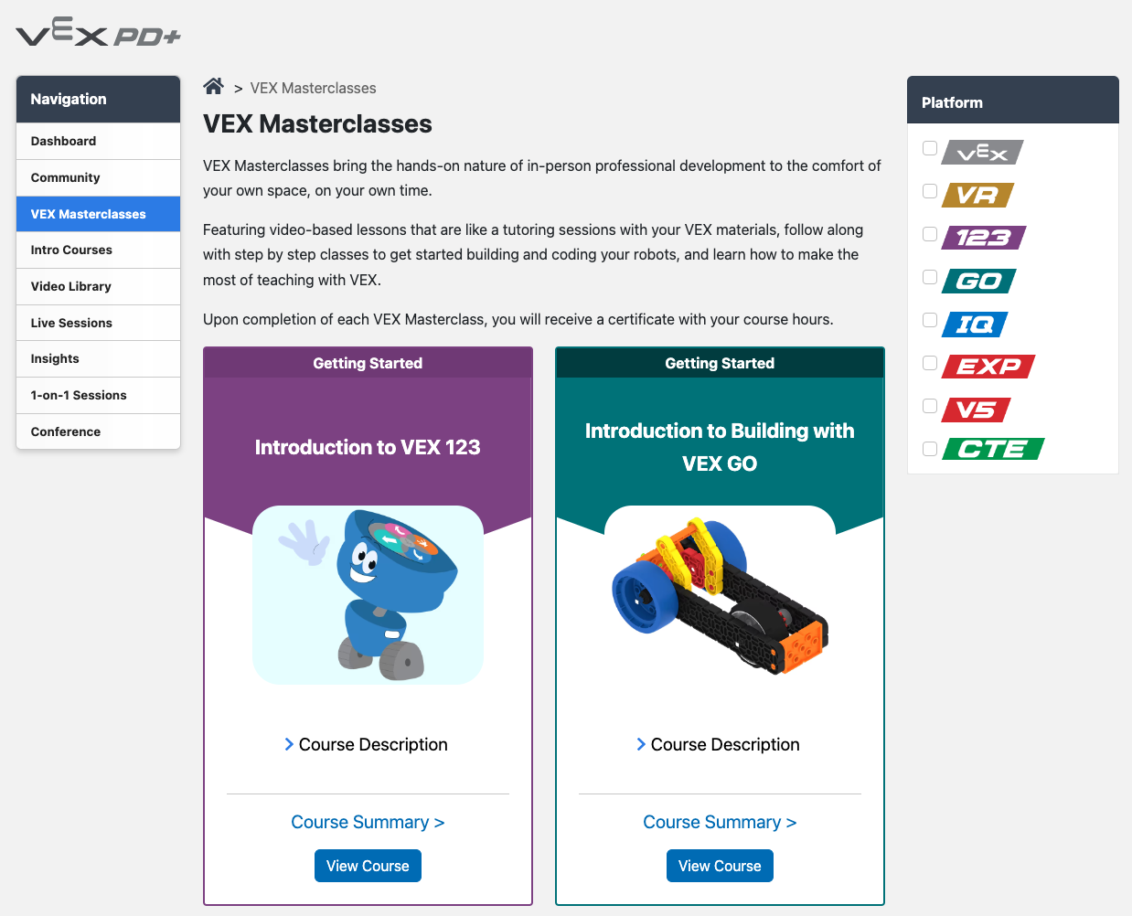 Σελίδα VEX Masterclasses σε PD+, με πλακίδια για Εισαγωγή στο VEX 123 και Εισαγωγή στην Κατασκευή με VEX GO.