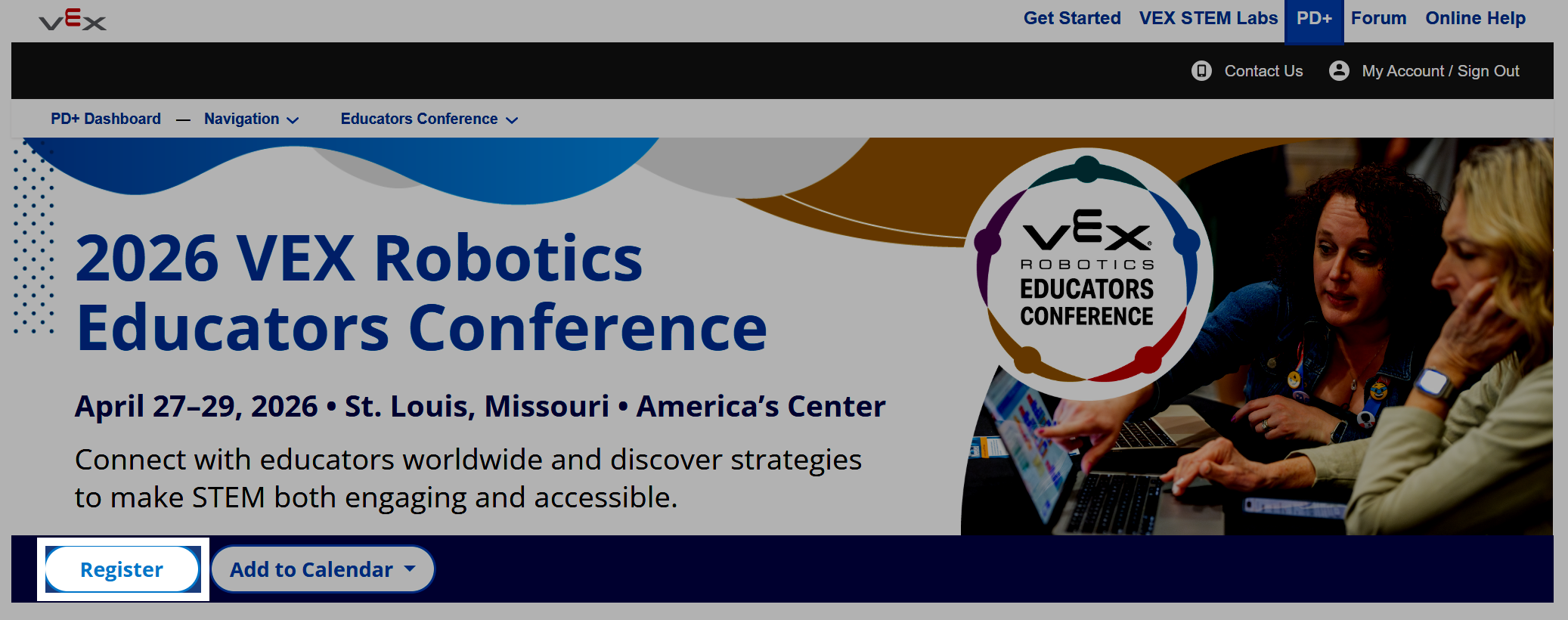 De homepage van de VEX Educators Conference met de knop 'Registreren' gemarkeerd onder de bovenste banner.