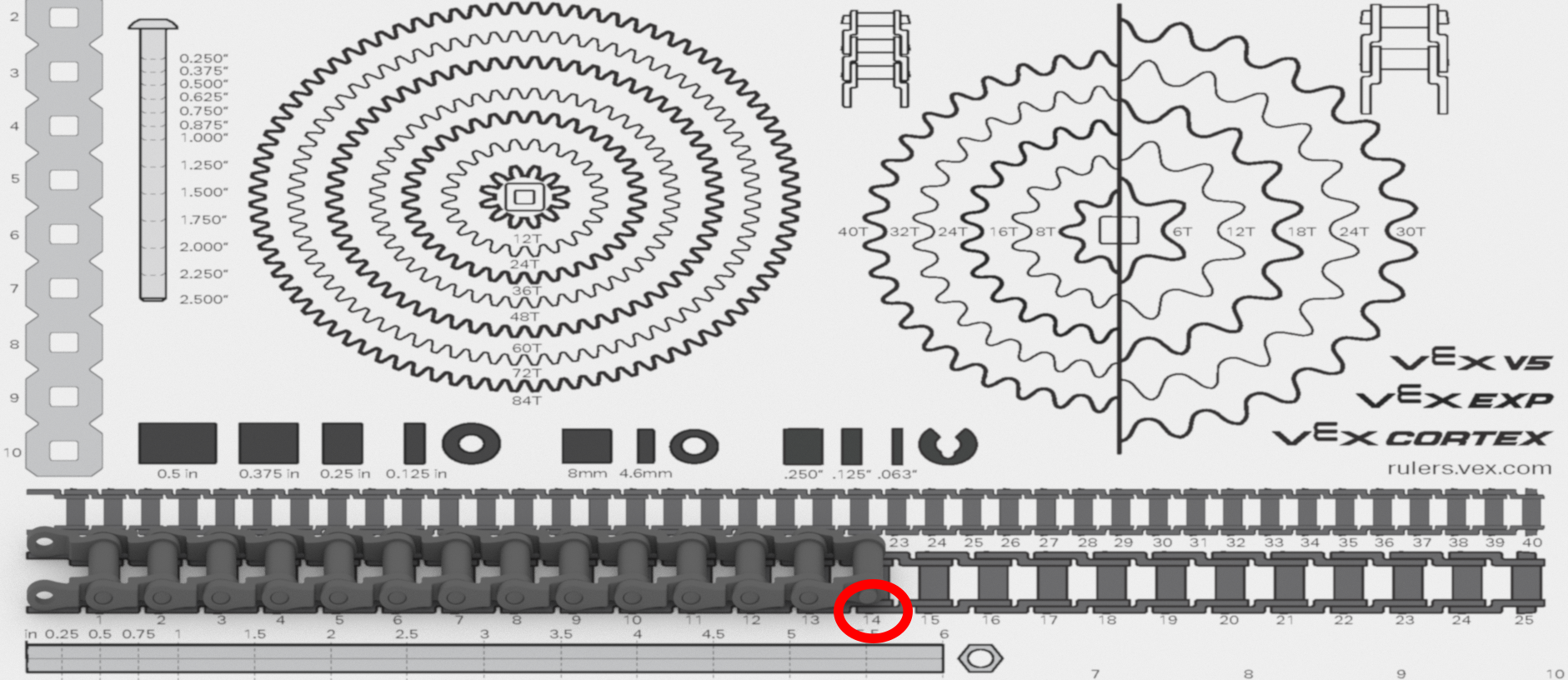 印刷可能なパーツ定規を使って、VEX V5チェーンのサイズを識別できます。