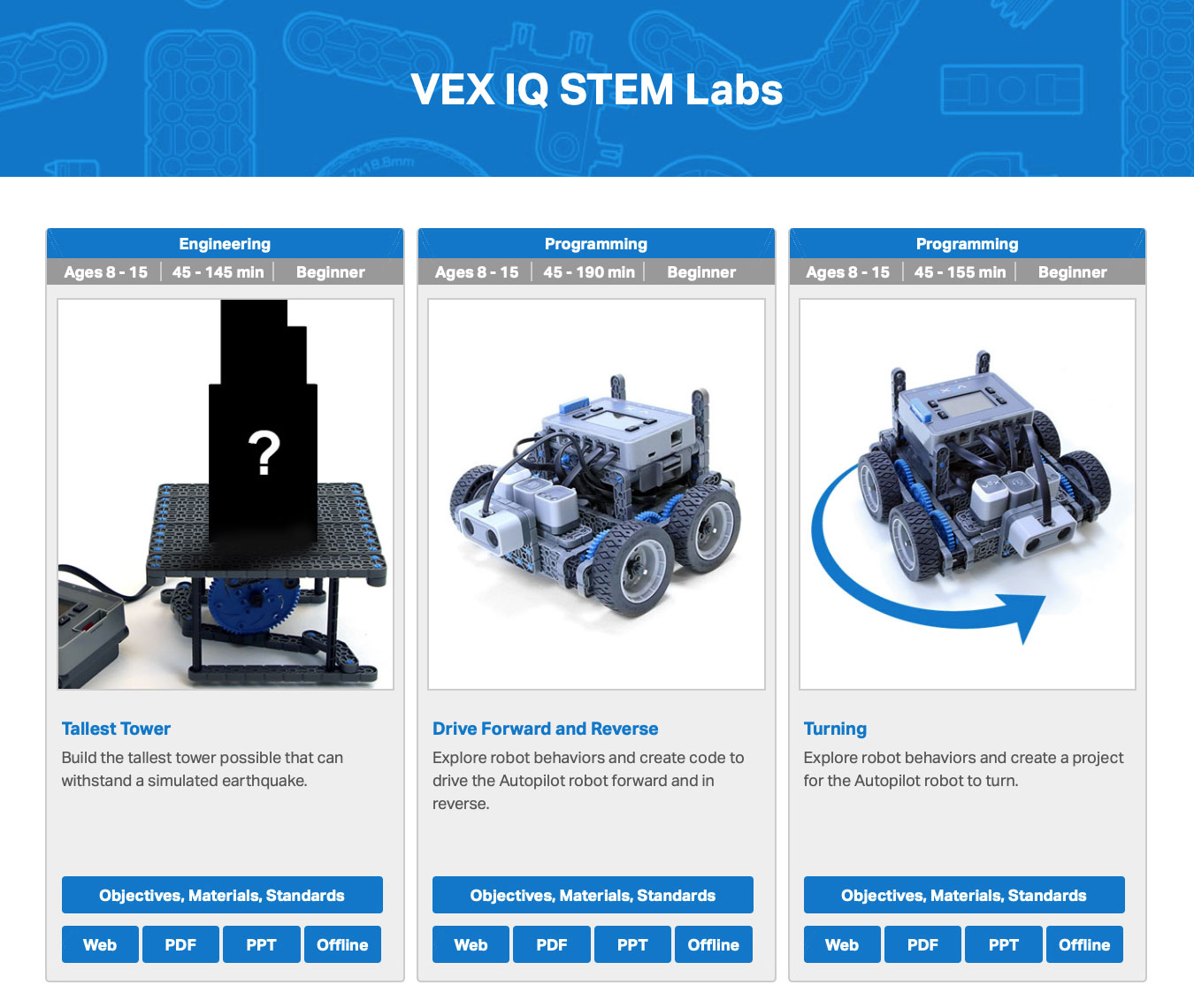 Παραδείγματα εργαστηρίου STEM VEX IQ (1ης γενιάς), συμπεριλαμβανομένου του ψηλότερου πύργου, της κίνησης προς τα εμπρός και προς τα πίσω και της στροφής