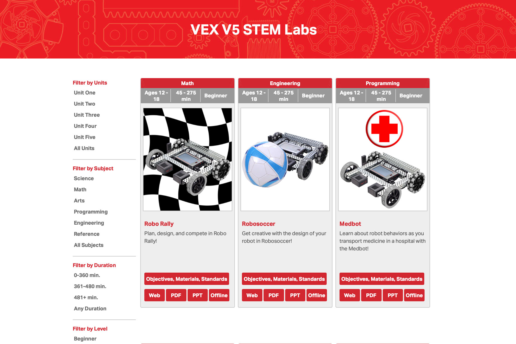 Παραδείγματα εργαστηρίων V5 STEM, όπως Robo Rally, Robosoccer και Medbot