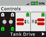 Η οθόνη Brain εμφανίζεται στο μενού Controls (Έλεγχοι) με επιλεγμένη τη διαμόρφωση Tank Drive (Οδήγηση Δεξαμενής).