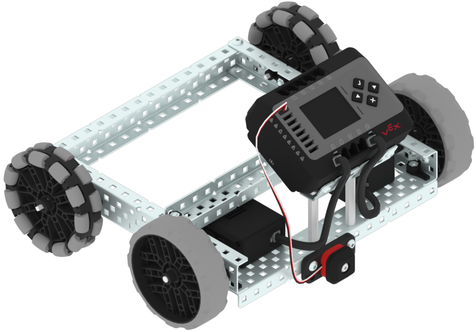 Γωνιακή όψη της κατασκευής BaseBot. Το ρομπότ διαθέτει ενσωματωμένο διακόπτη προφυλακτήρα που είναι επισημασμένος και δείχνει μπροστά από το ρομπότ.