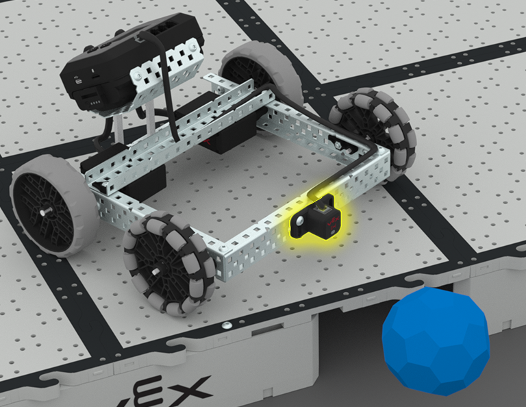 Κατασκευή BaseBot που διαθέτει ενσωματωμένο αισθητήρα απόστασης που είναι επισημασμένος και δείχνει μπροστά από το ρομπότ.