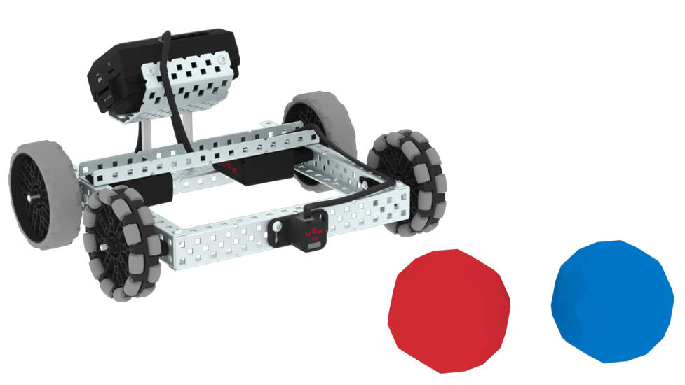 Κατασκευή BaseBot με ενσωματωμένο οπτικό αισθητήρα που είναι επισημασμένος και δείχνει προς δύο Buckyballs διαφορετικού χρώματος μπροστά του.