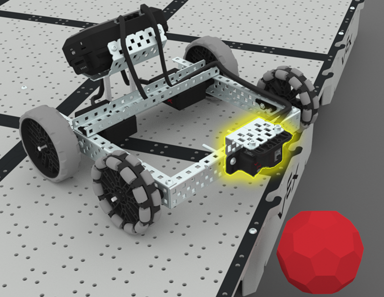 Κατασκευή BaseBot που οδηγεί σε ένα χωράφι. Το ρομπότ διαθέτει έναν ενσωματωμένο οπτικό αισθητήρα που είναι επισημασμένος και δείχνει προς μια κόκκινη μπάλα Buckyball μπροστά του.